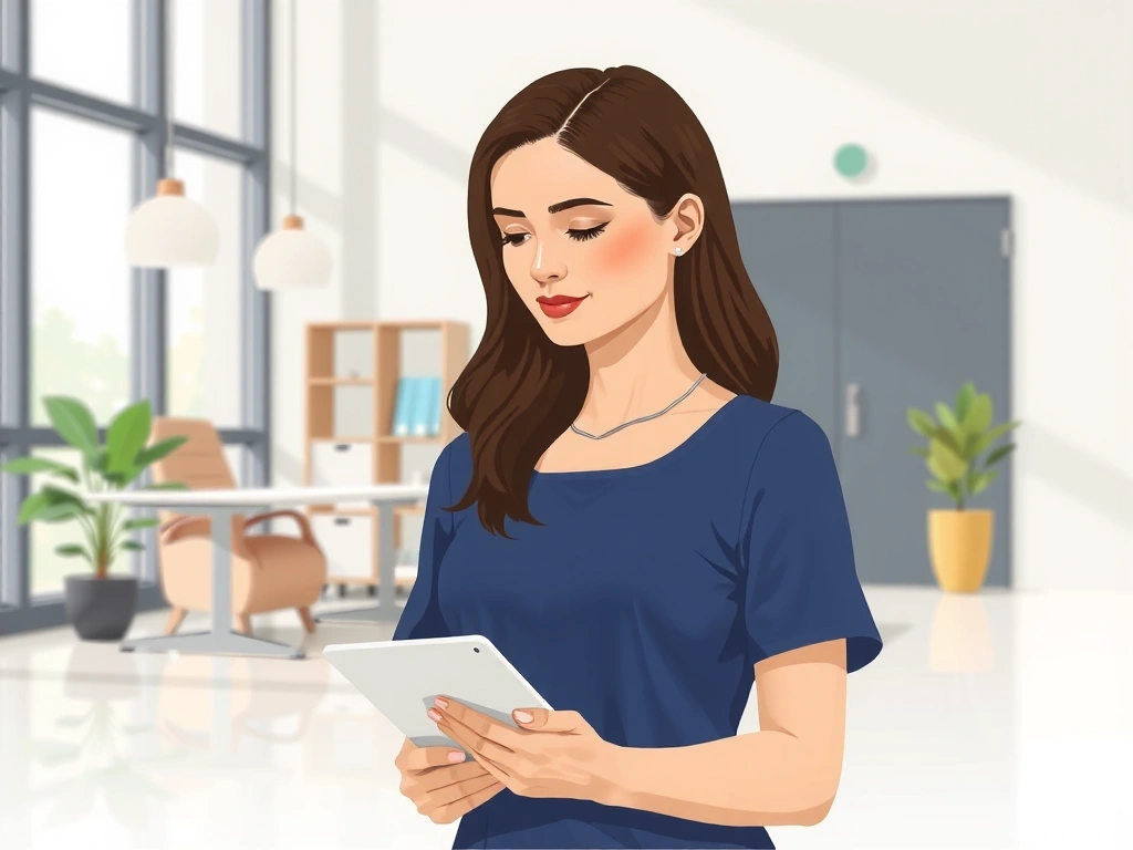 Illustration d'une femme lisant des documents de confidentialité sur une tablette, symbolisant la protection des données.